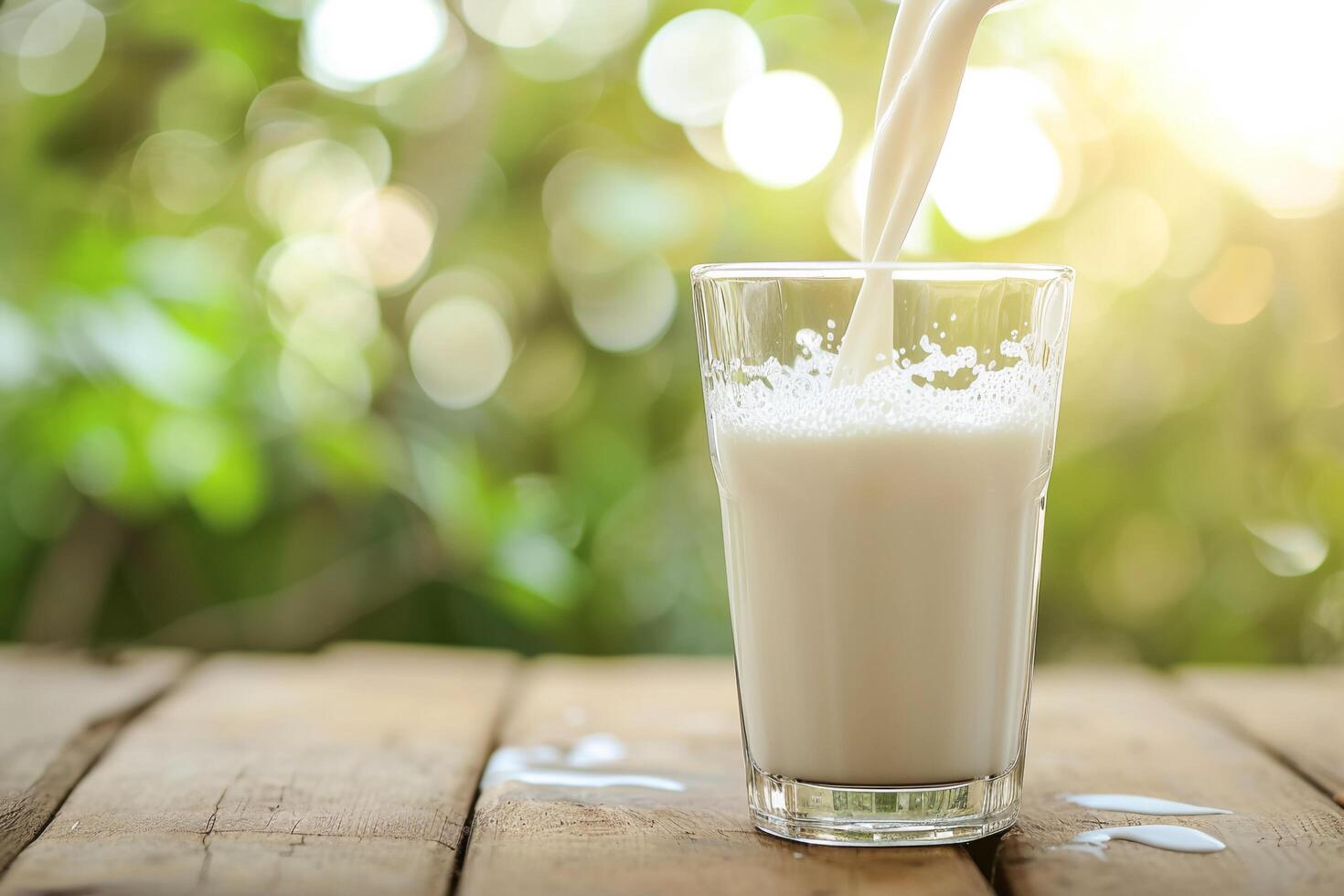 AI generated Pouring Fresh Milk into Glass Outdoors. photo