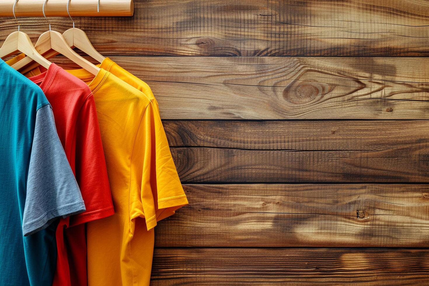 AI generated Assorted T-shirts Hanging on Wooden Background with AI generated. photo