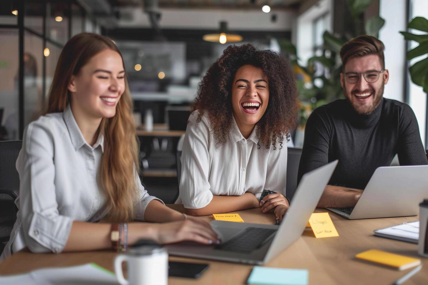 ai generado grupo de contento joven negocio personas trabajando juntos en un creativo oficina. foto