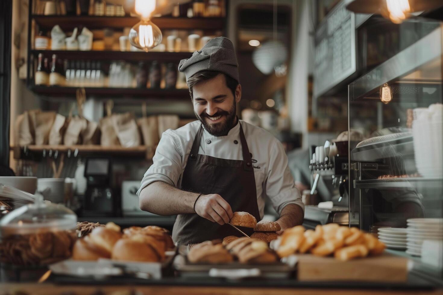 AI generated Smiling Tattooed Baker Arranging Pastries in Shop with AI generated. photo