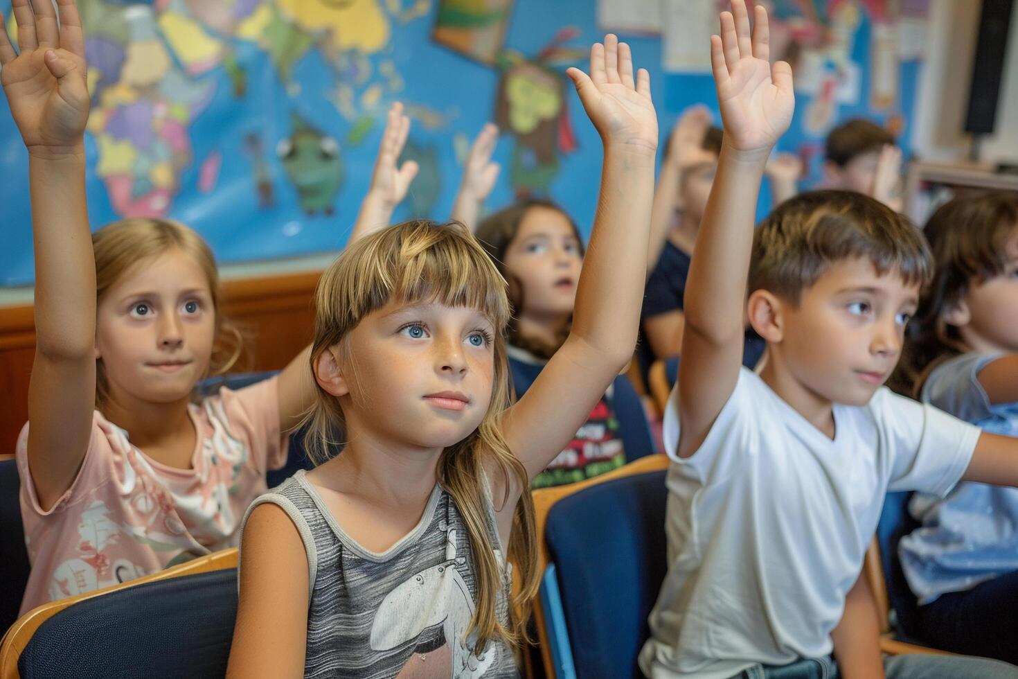 ai generado entusiasta niños levantamiento manos en salón de clases con ai generado. foto