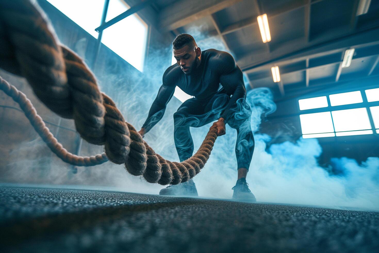 ai generado atleta ejecutando batalla cuerda ejercicio en gimnasia. foto