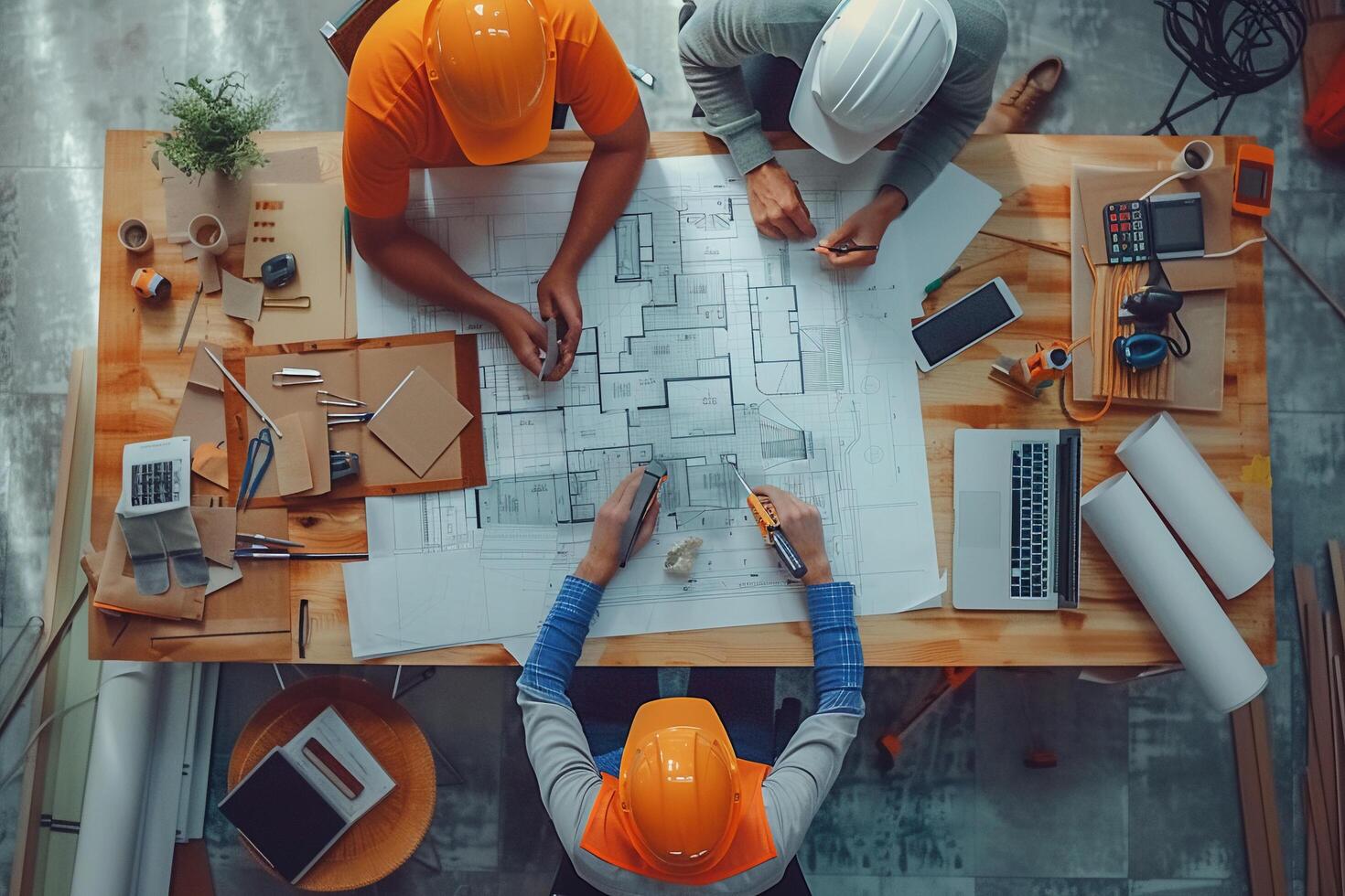 ai generado arquitectos colaborando en edificio planes desde encima con ai generado. foto