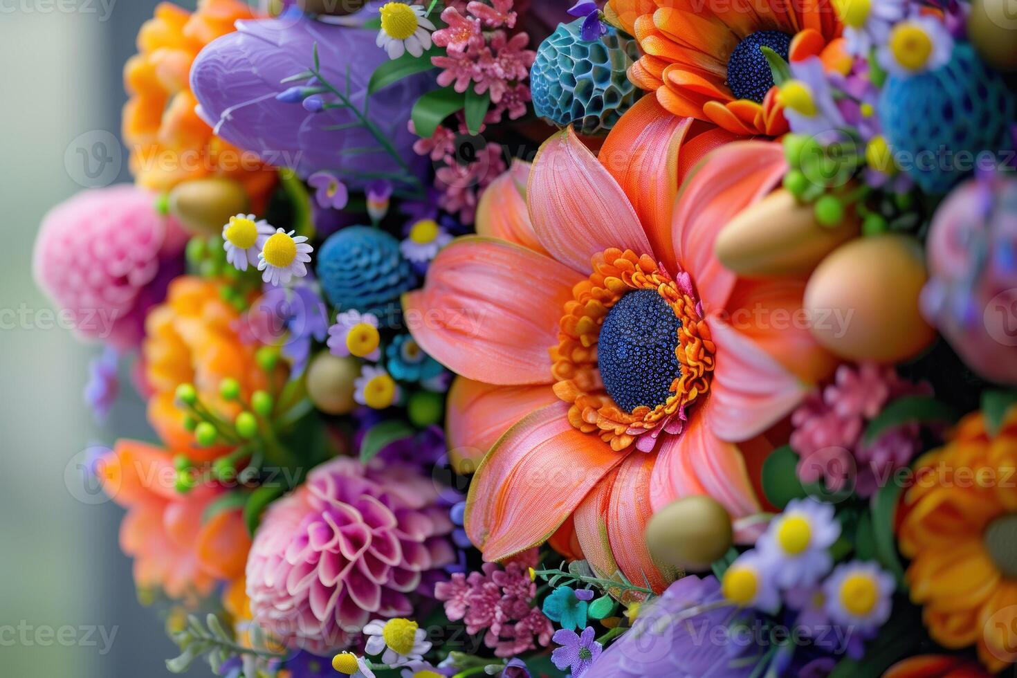 AI generated Close-up of a colorful artificial floral arrangement, showcasing a variety of textures and colors photo