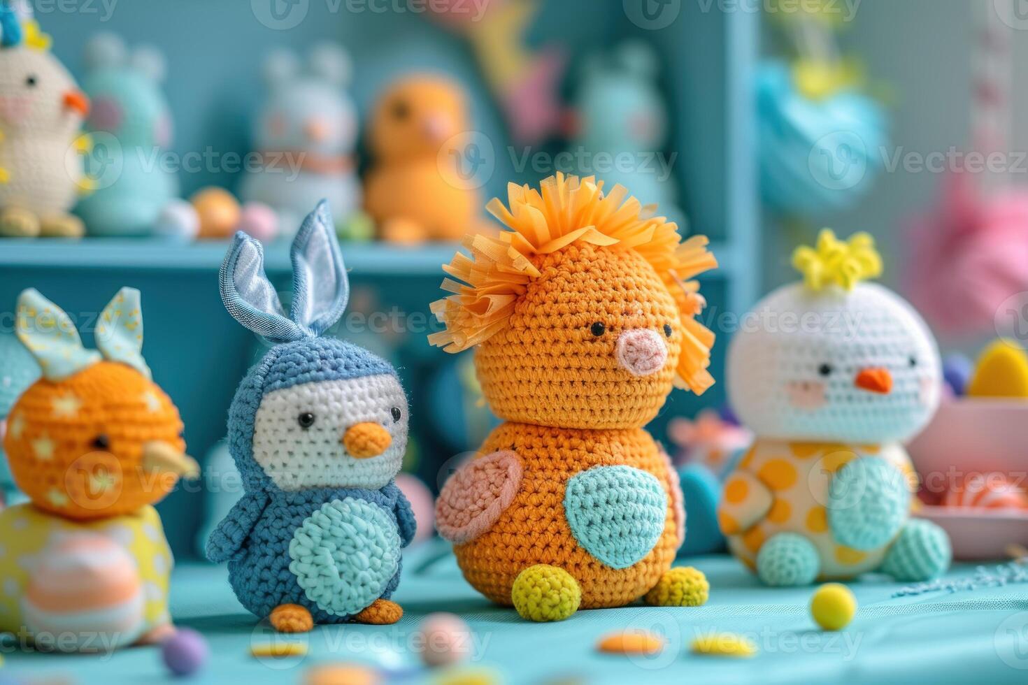 AI generated Set of crochet amigurumi animals dressed in Easter bunny attire photo