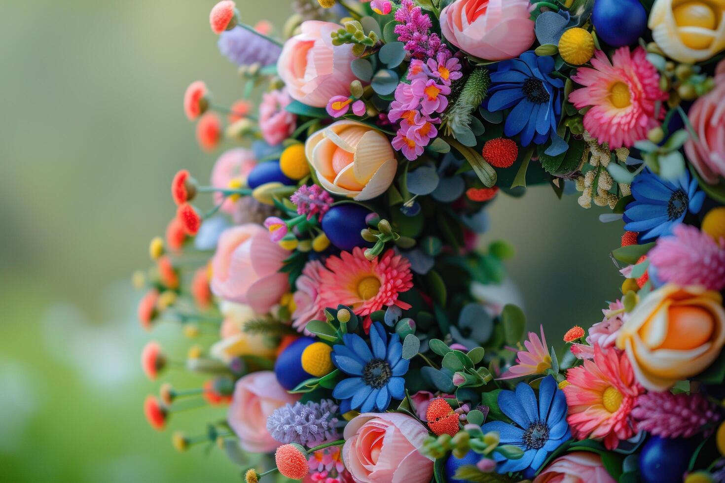 AI generated Close-up of a colorful artificial floral arrangement, showcasing a variety of textures and colors photo