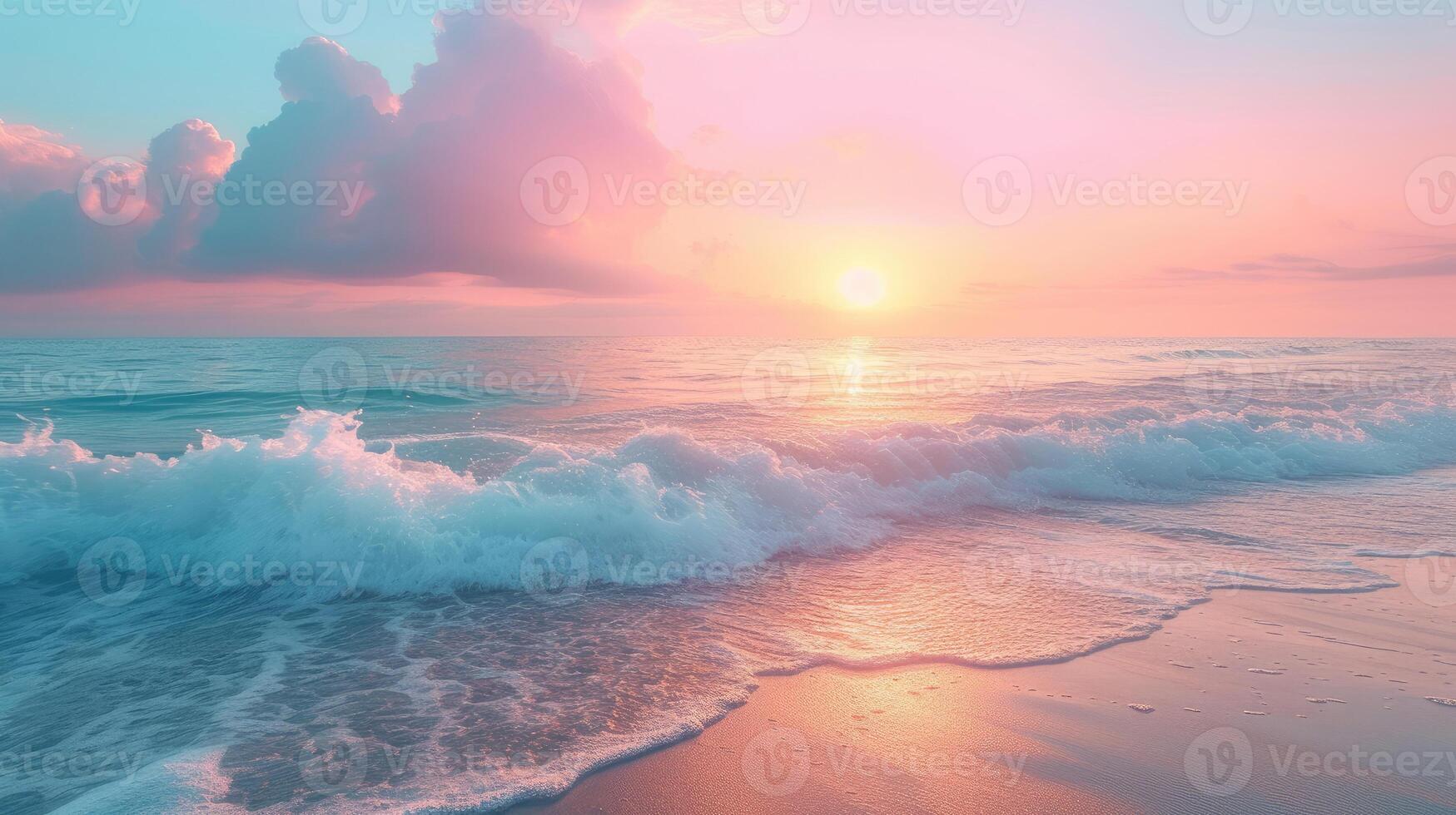 AI generated Over a tranquil sandy beach, pastel-colored sunrise skies are mirrored in the calm ocean waves. photo