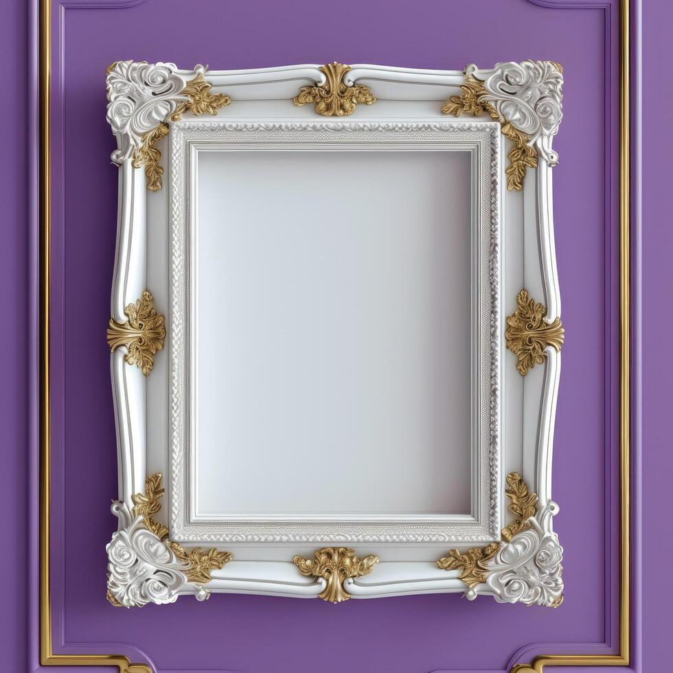 AI generated Antique white photo frame mockup on purple wall