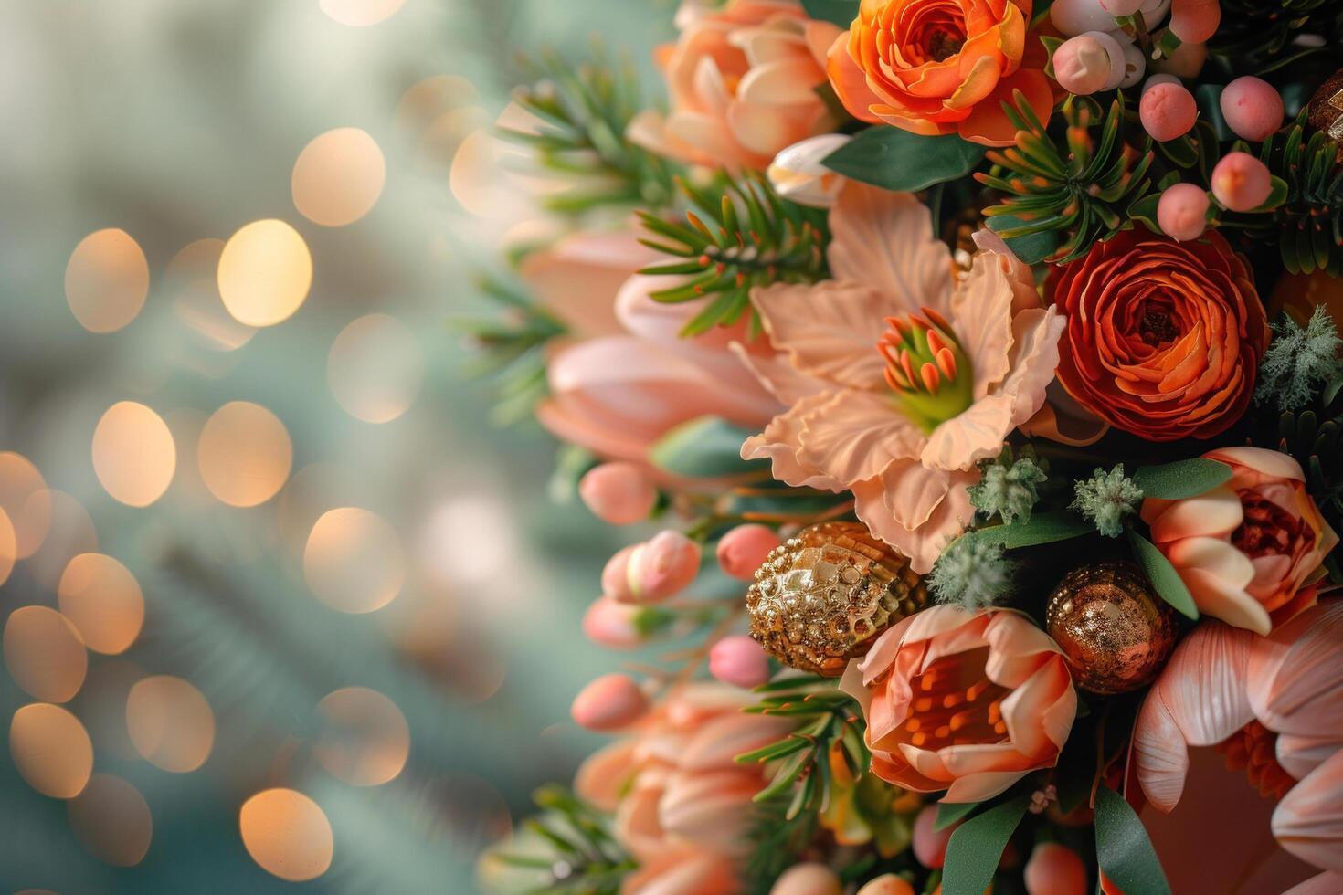 ai generado primavera Pascua de Resurrección guirnalda adornado con moteado huevos y un variedad de flores silvestres bañado en calentar luz de sol foto