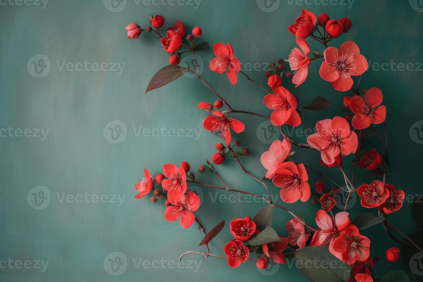 AI generated Red flowering branches spread across a turquoise background photo