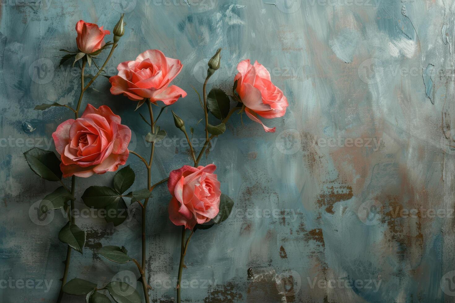 AI generated Red flowering branches spread across a turquoise background photo