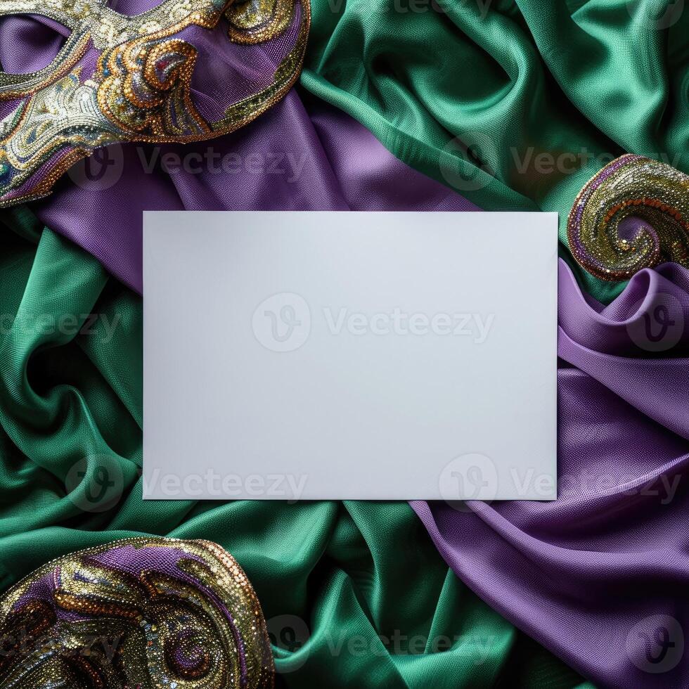 AI generated White greeting card mockup surrounded by Mardi Gras decorations photo