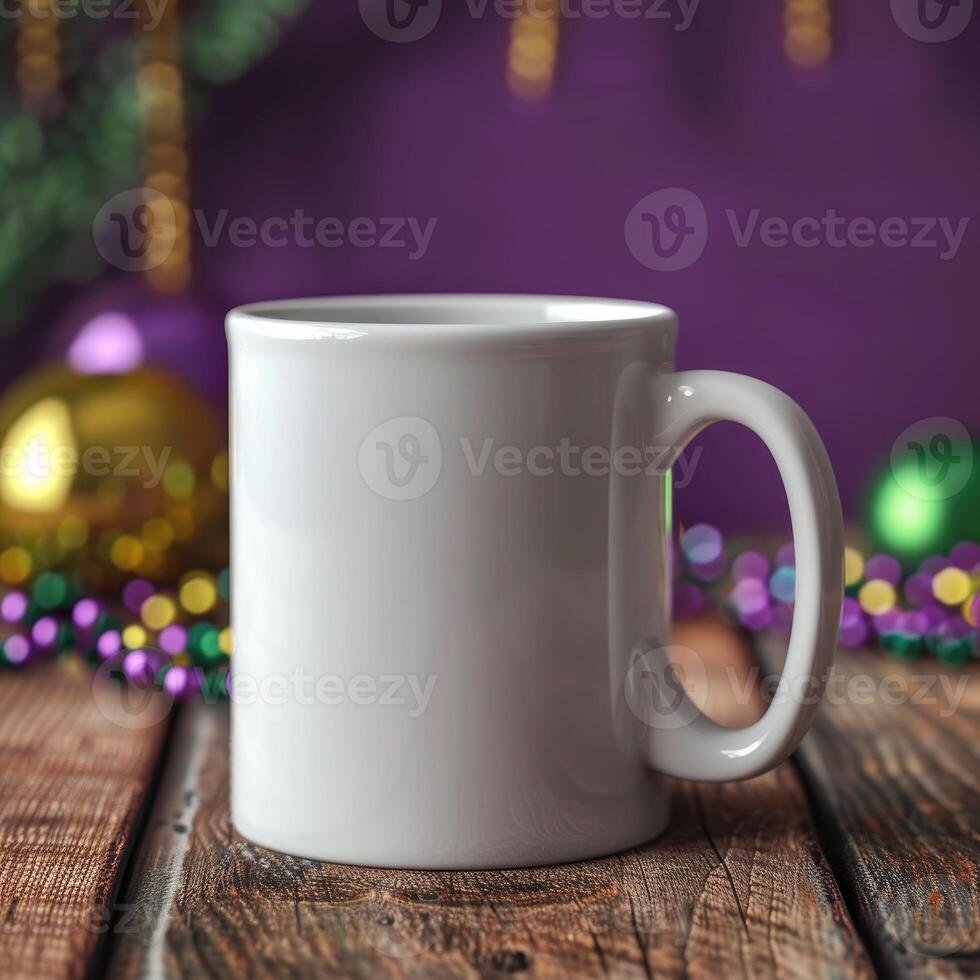 AI generated White mug mockup on wooden table on Bokeh Mardi Gras background photo