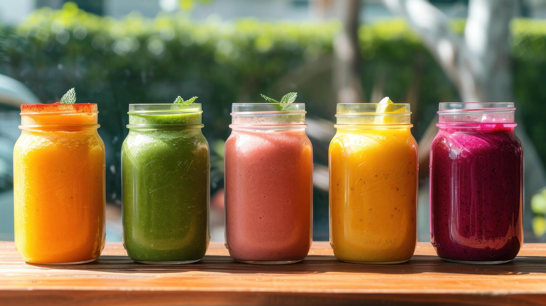 AI generated A delightful array of vibrant fruit smoothies in jars, each adorned with a fresh mint leaf, lined up on a wooden table photo