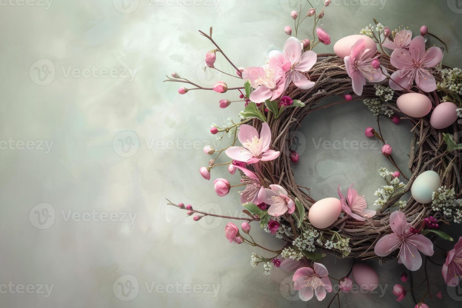 AI generated Spring Wreath with Pink Blossoms and Easter Eggs photo