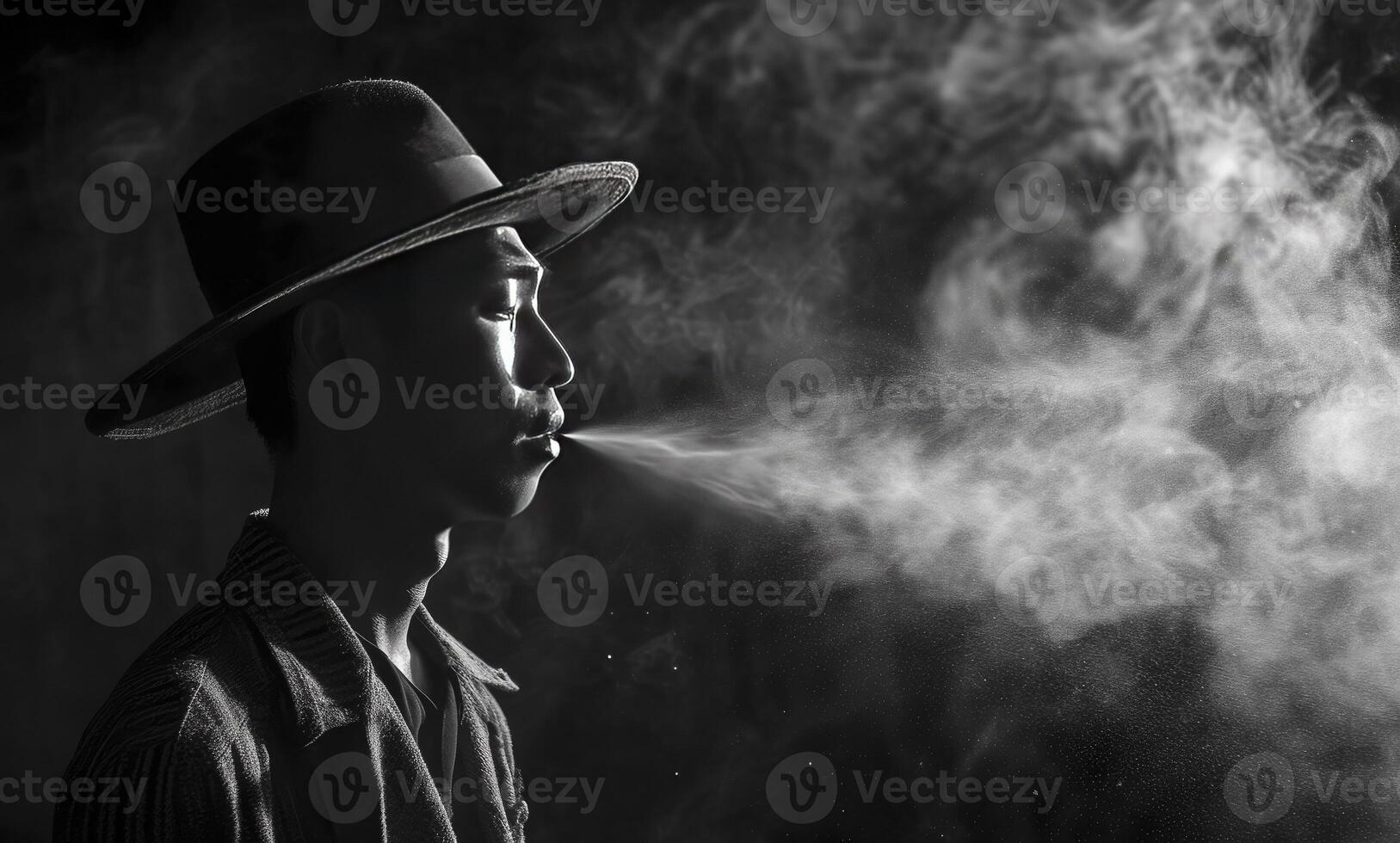 ai generado monocromo imagen de mafioso silueta de fumar en negro fondo, cerca arriba foto