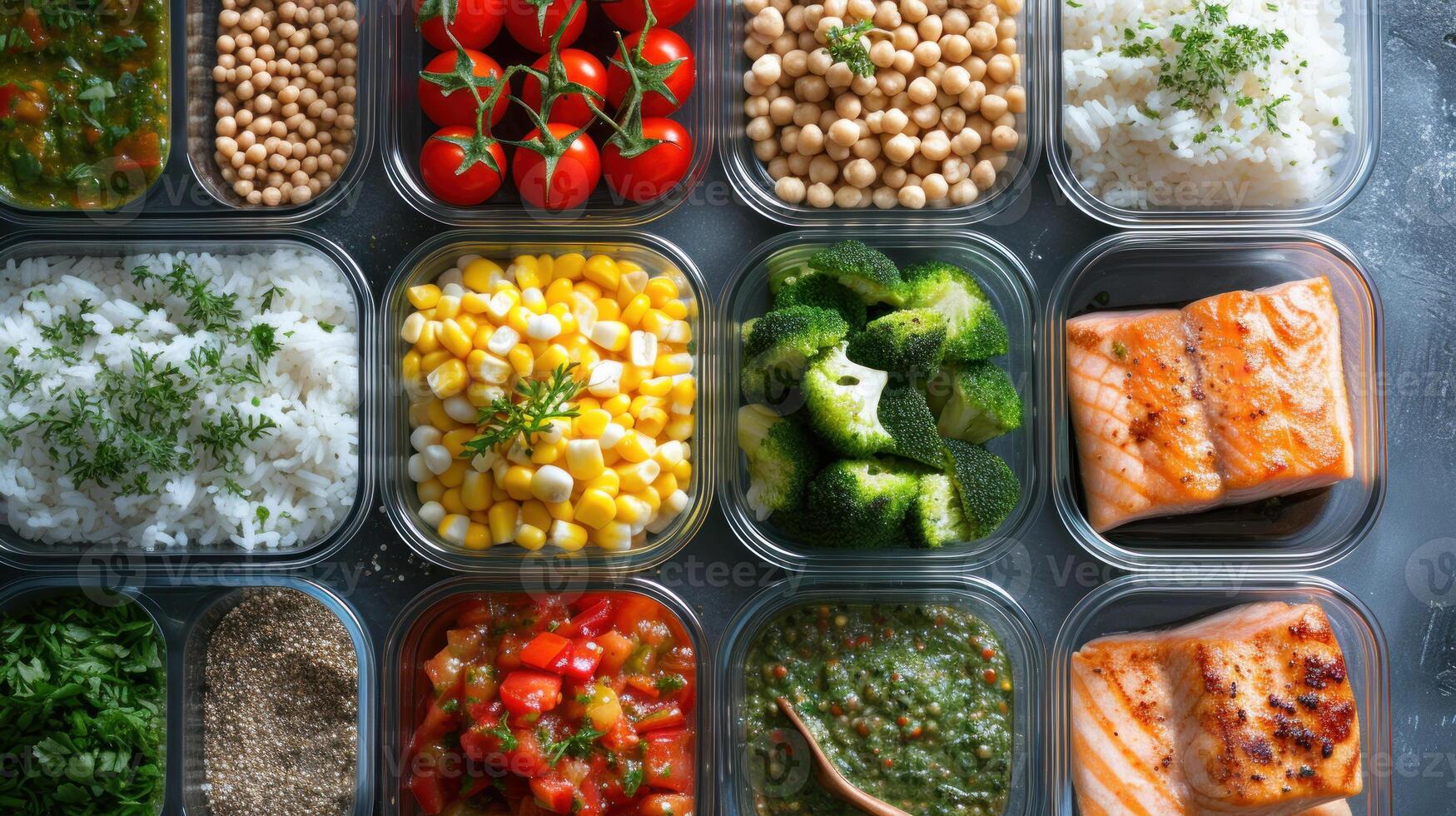 AI generated Pre-portioned meal prep containers filled with balanced foods including grains, proteins, and a variety of vegetables for healthy eating photo