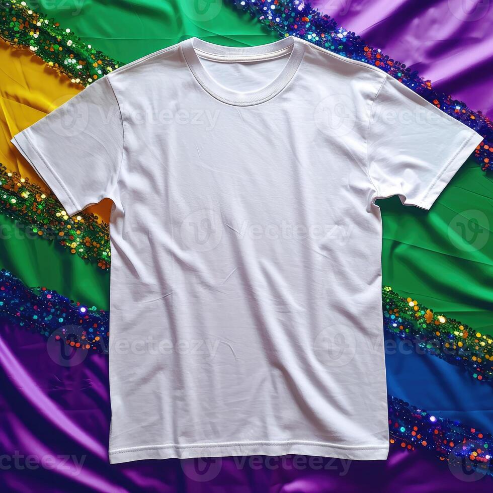 AI generated White t-shirt mockup on Mardi Gras background photo