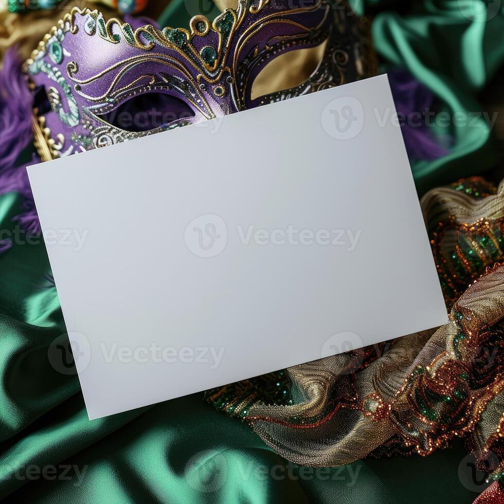 AI generated White greeting card mockup surrounded by Mardi Gras decorations photo