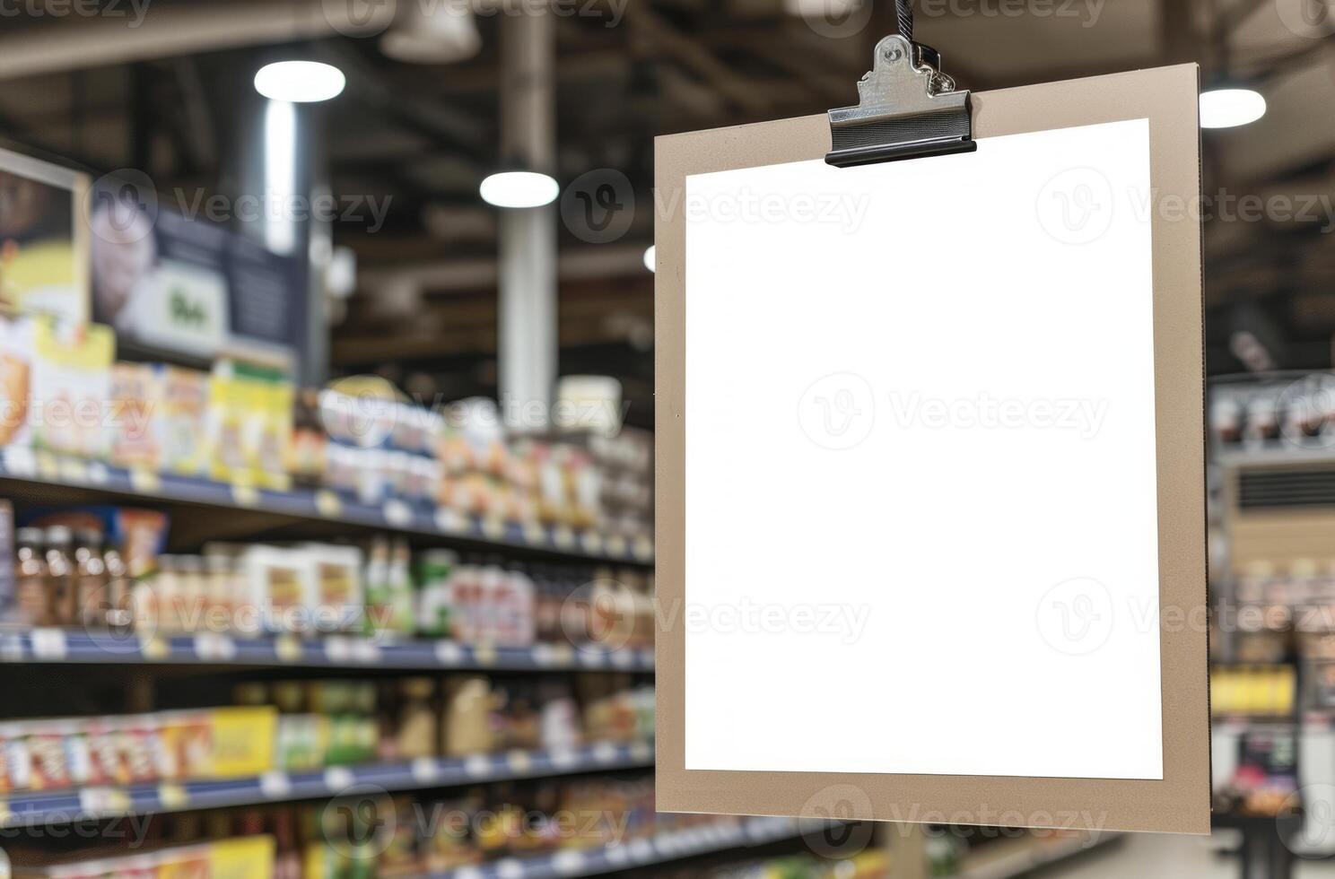 AI generated Blank paper board hanging in grocery store, branding marketing image photo