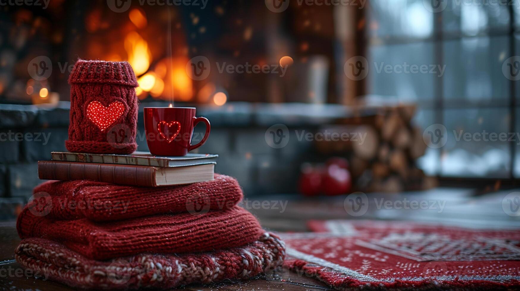 AI generated fireplace with tea cup and old books and decorations photo