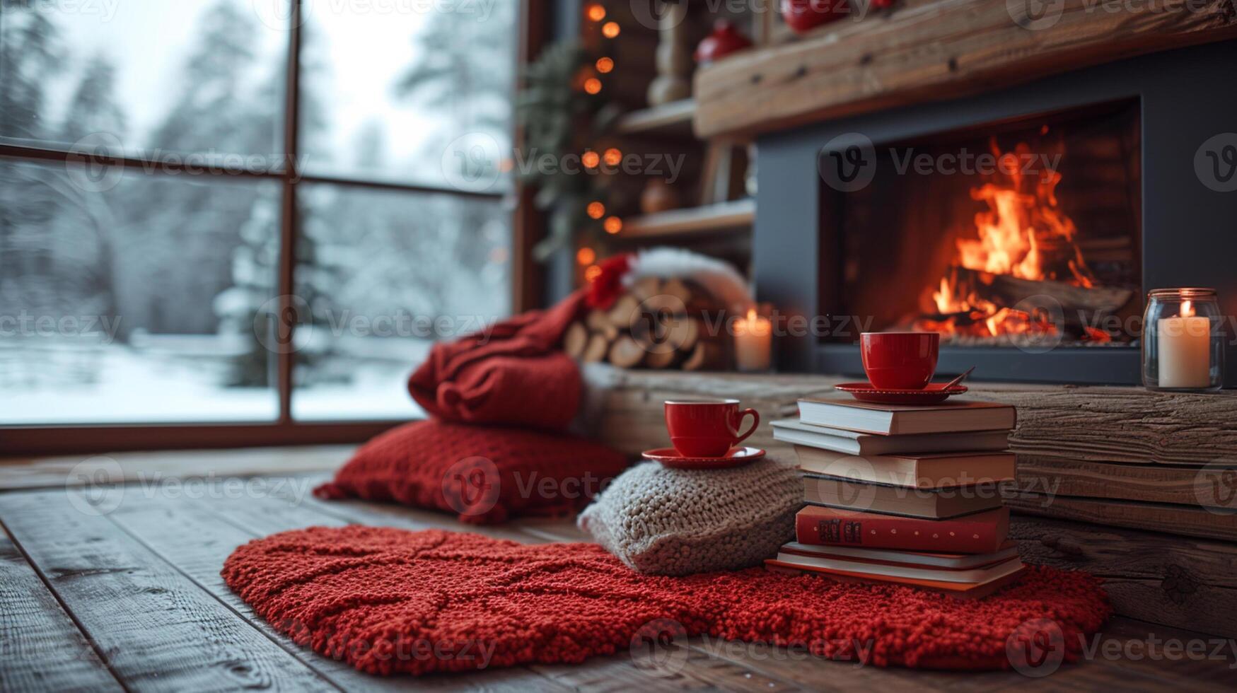 AI generated fireplace with tea cup and old books and decorations photo