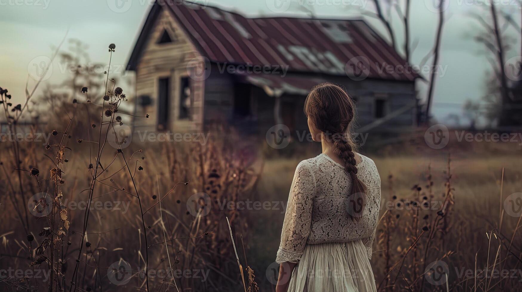 AI generated Girl in a white dress on a background of an old abandoned house, ai generative photo