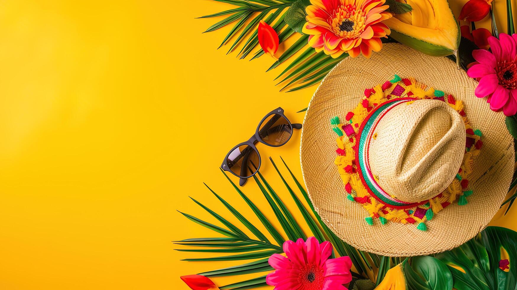 AI generated Flat lay of straw hat, sunglasses and flowers on yellow background. Ai generative photo