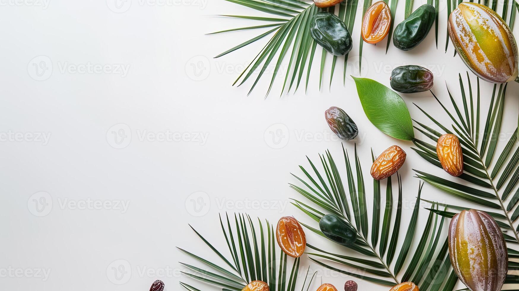 ai generado tropical palma hojas y fechas en un blanco fondo, ai generativo foto