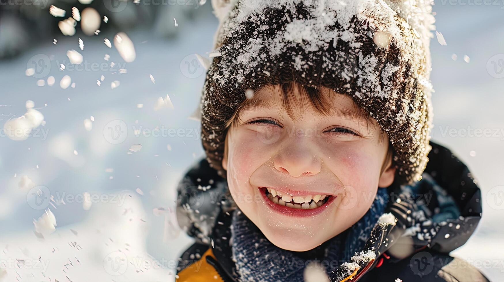 AI generated Portrait of a smiling boy in winter clothes playing with snow in the park, ai generative photo
