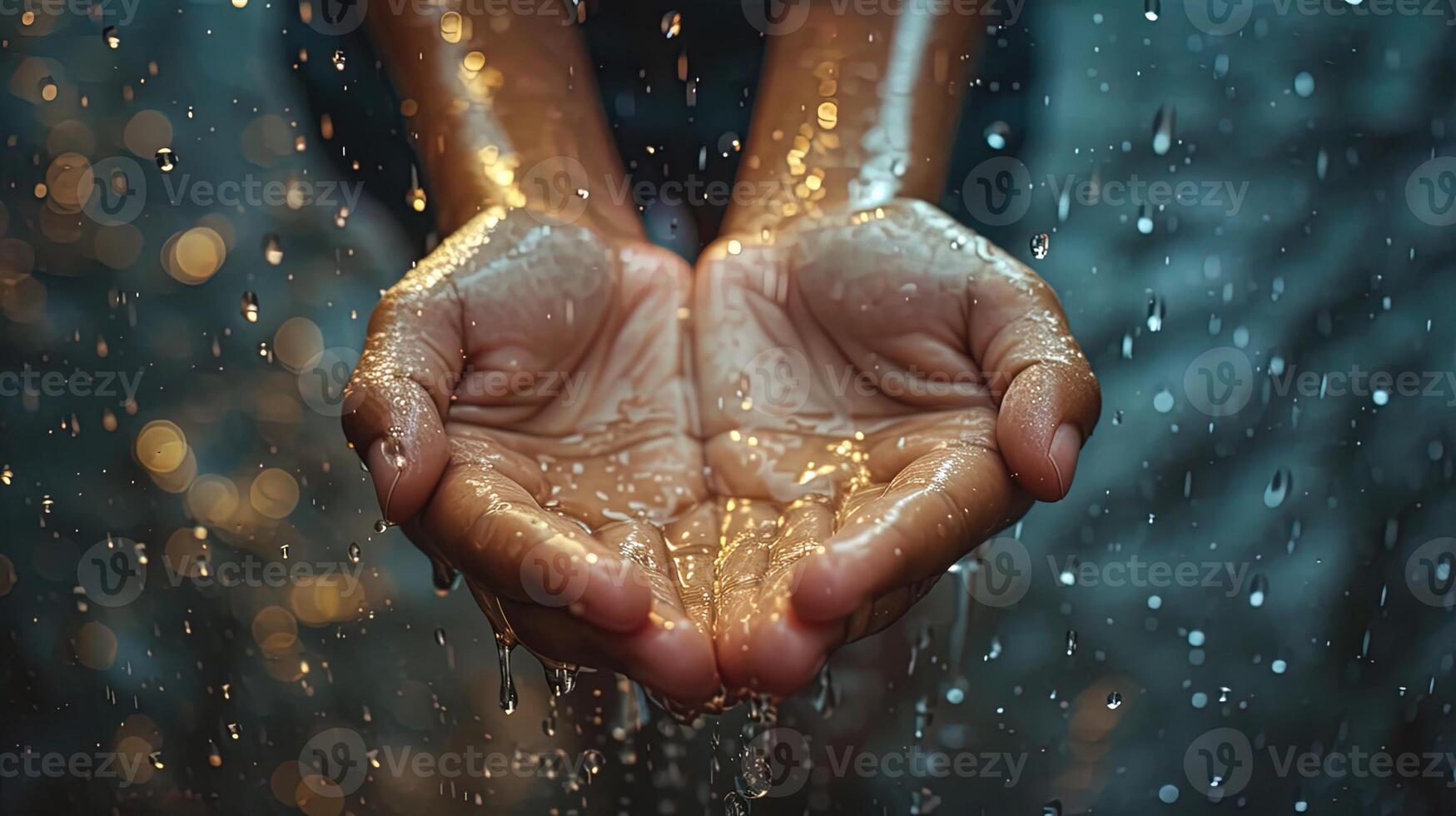 AI generated Closeup of a womans hands under the rain, ai generative photo