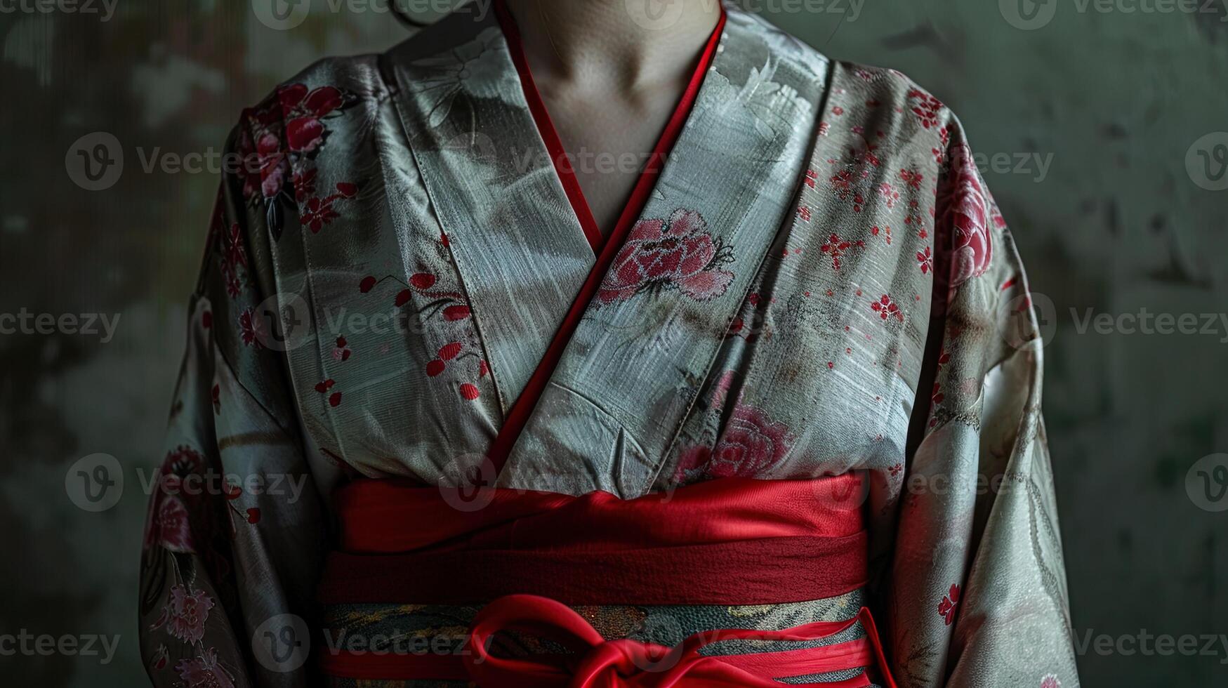 ai generado japonés mujer vistiendo un kimono con un rojo cinta en su mano, ai generativo foto