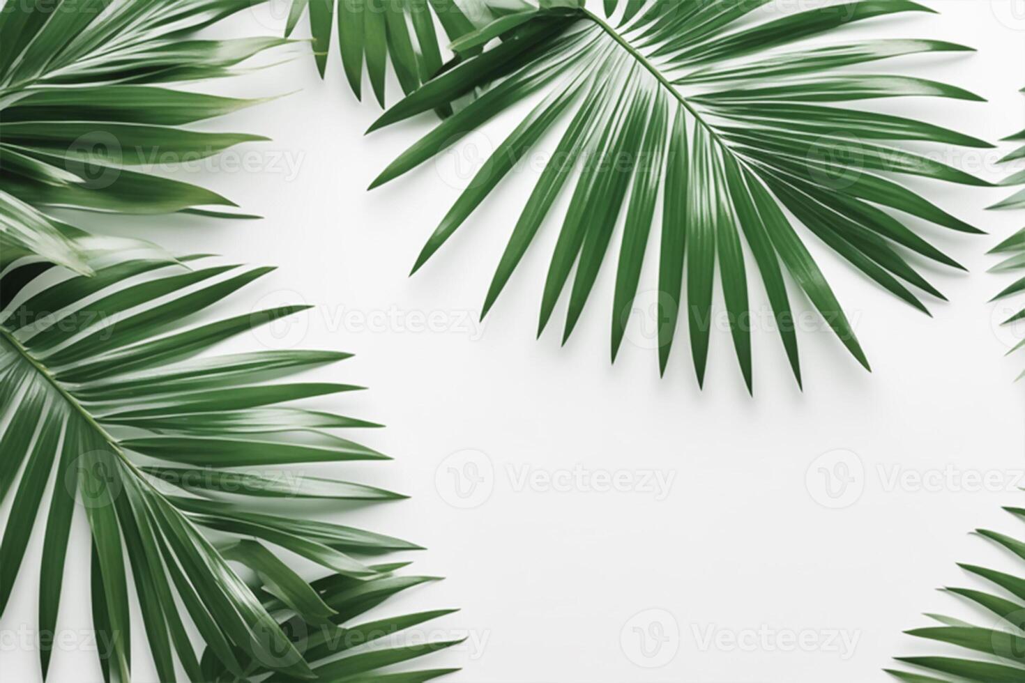 AI generated Green palm leaves on a white background. Flat lay, top view. Free space for text. photo