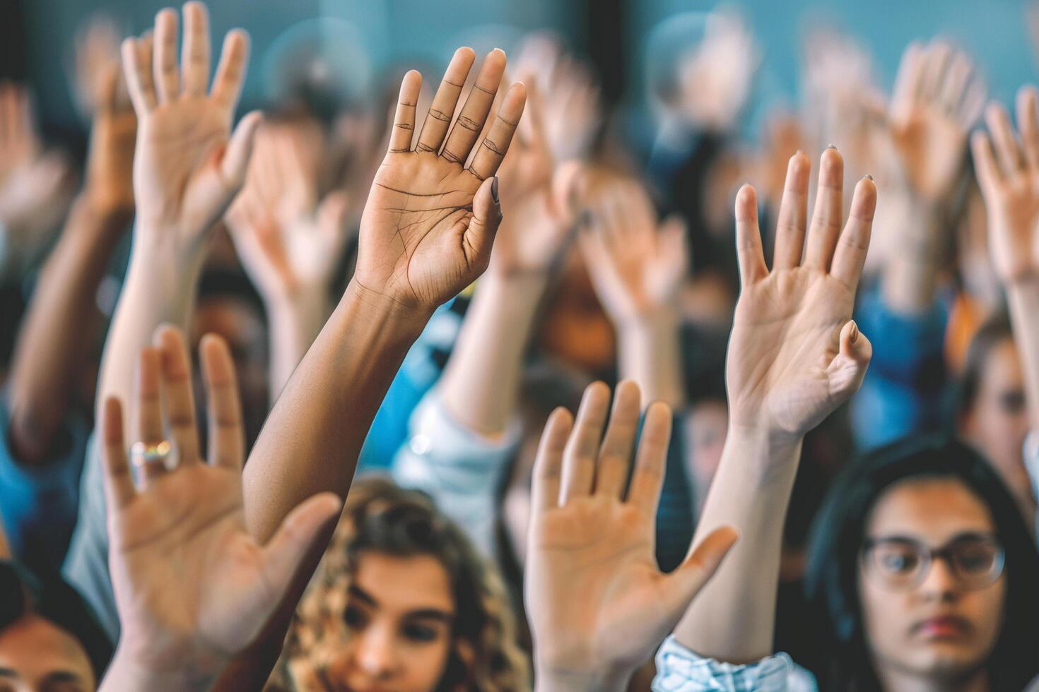 AI generated Audience Raising Hands at an Event with AI generated. photo