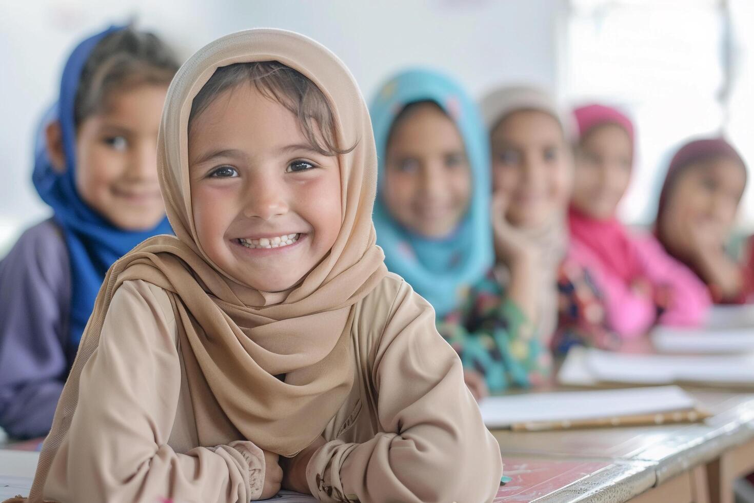 ai generado retrato de un joven niña con hijab en salón de clases con ai generado. foto