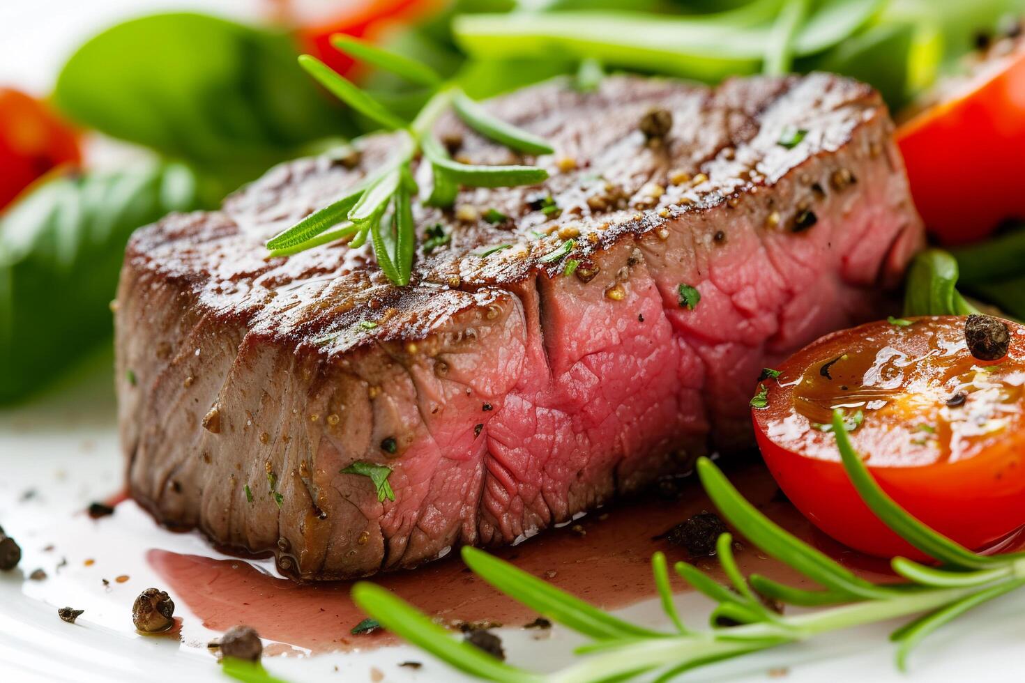 AI generated Grilled Steak Medium Rare with Fresh Herbs. photo