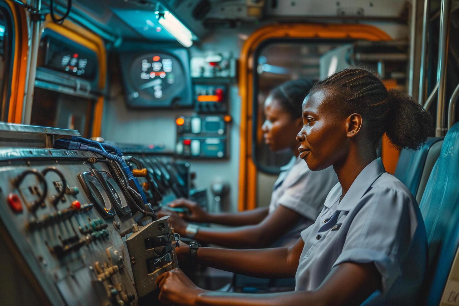 AI generated Female Train Operator in Vehicle Cabin with AI generated. photo