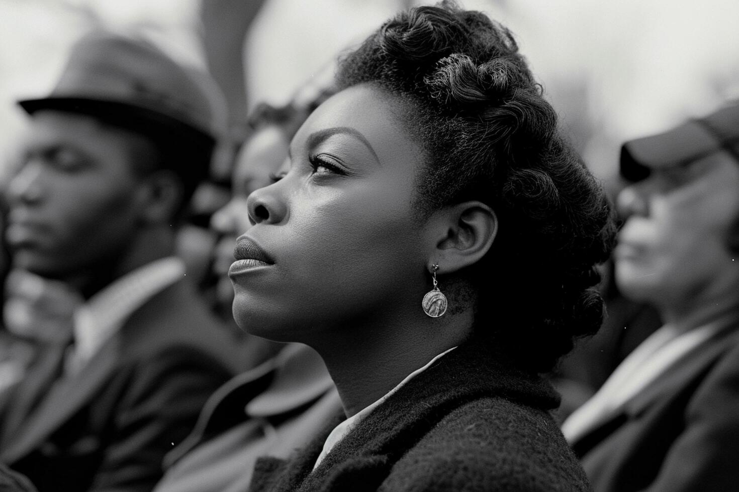 AI generated A black and white close-up of a black woman  looking away from the camera photo