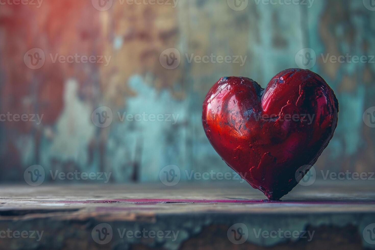 AI generated A red heart sitting on top of a wooden table. photo