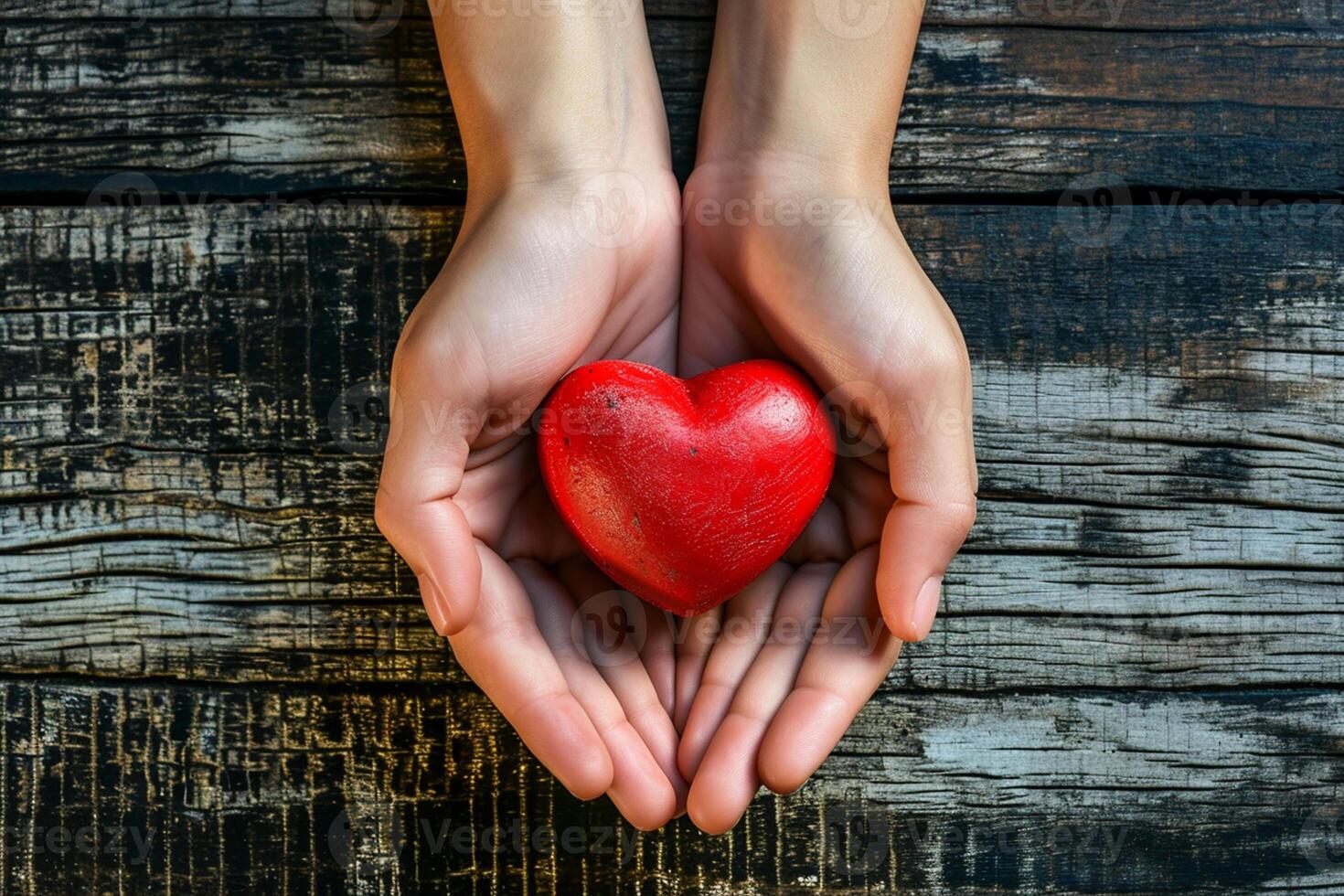 AI generated A pair of hands holding a heart against a backdrop of weathered wooden planks photo