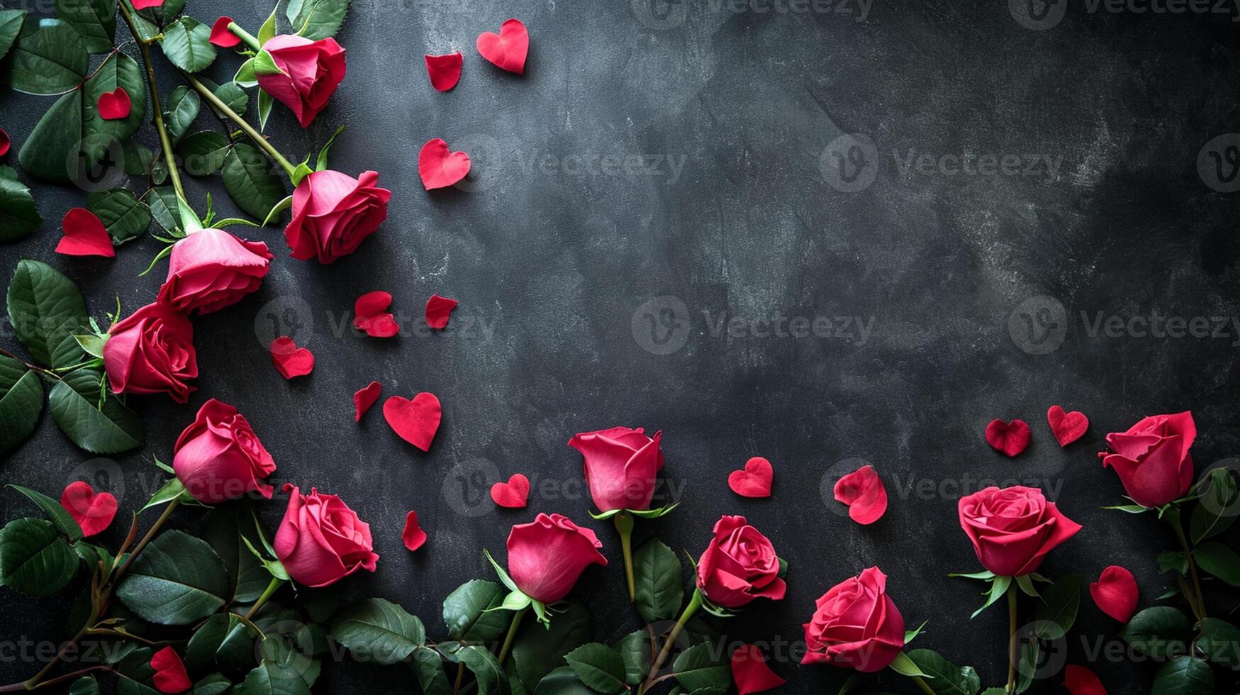 AI generated Red roses and scattered heart petals on a dark background with copy space photo