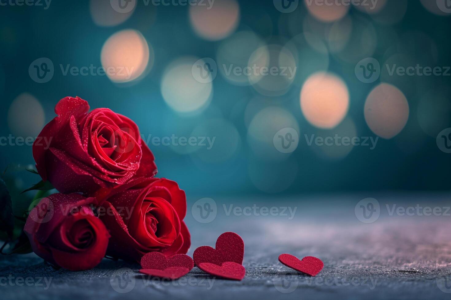 AI generated Red roses with water droplets and small heart-shaped cutouts on a moody bokeh-lit background photo