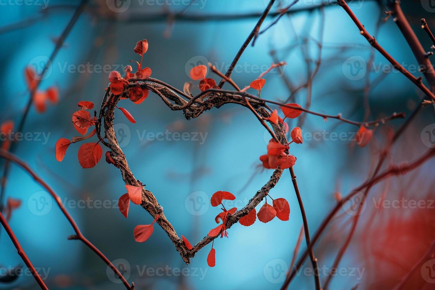 ai generado natural corazón forma formado por ramas en contra un suave azul antecedentes foto