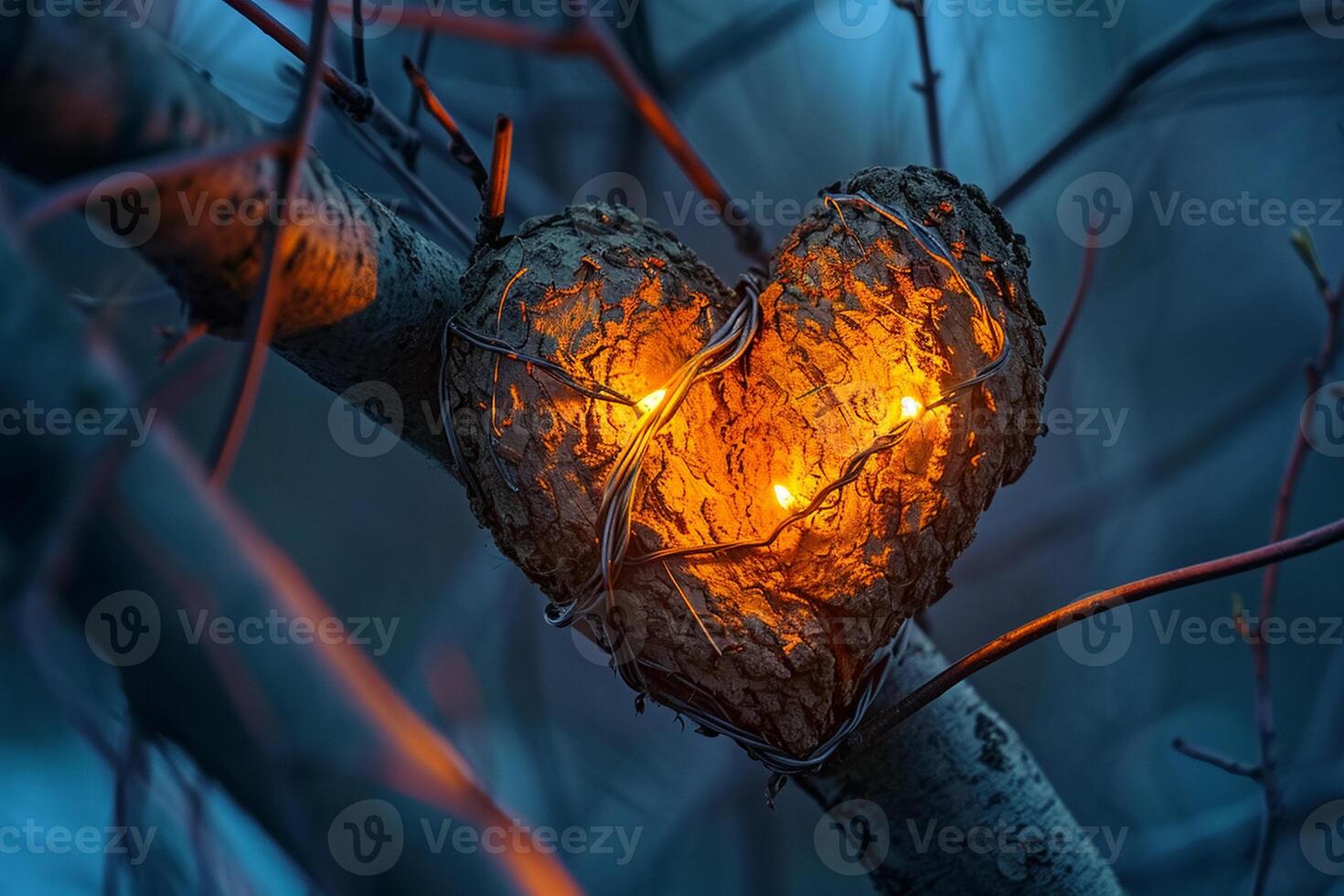 AI generated A heart with glowing lights in the crook of tree branches photo