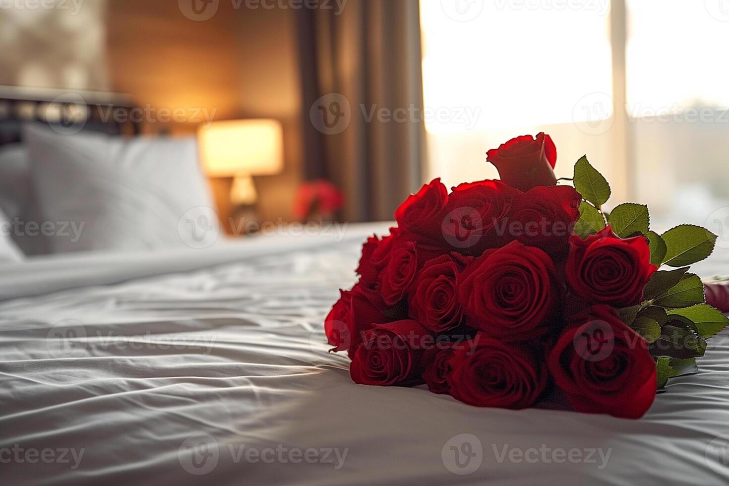 AI generated A bouquet of red roses placed on a neatly made bed photo