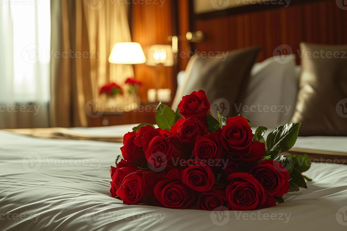 AI generated Romantic surprise bouquet of red roses placed on bed photo
