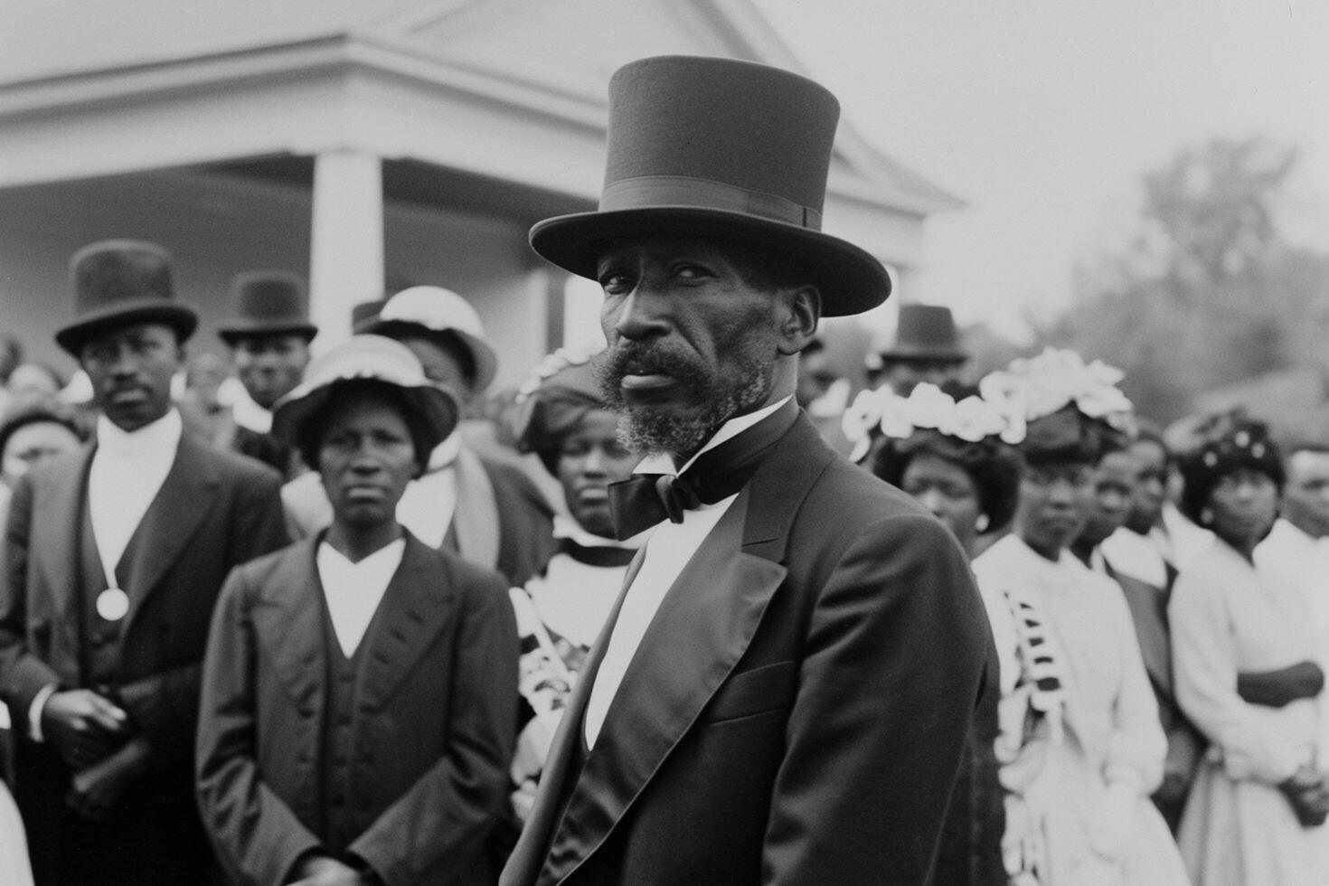 AI generated Black and white photo of an elderly man wearing a top hat at an outdoor event