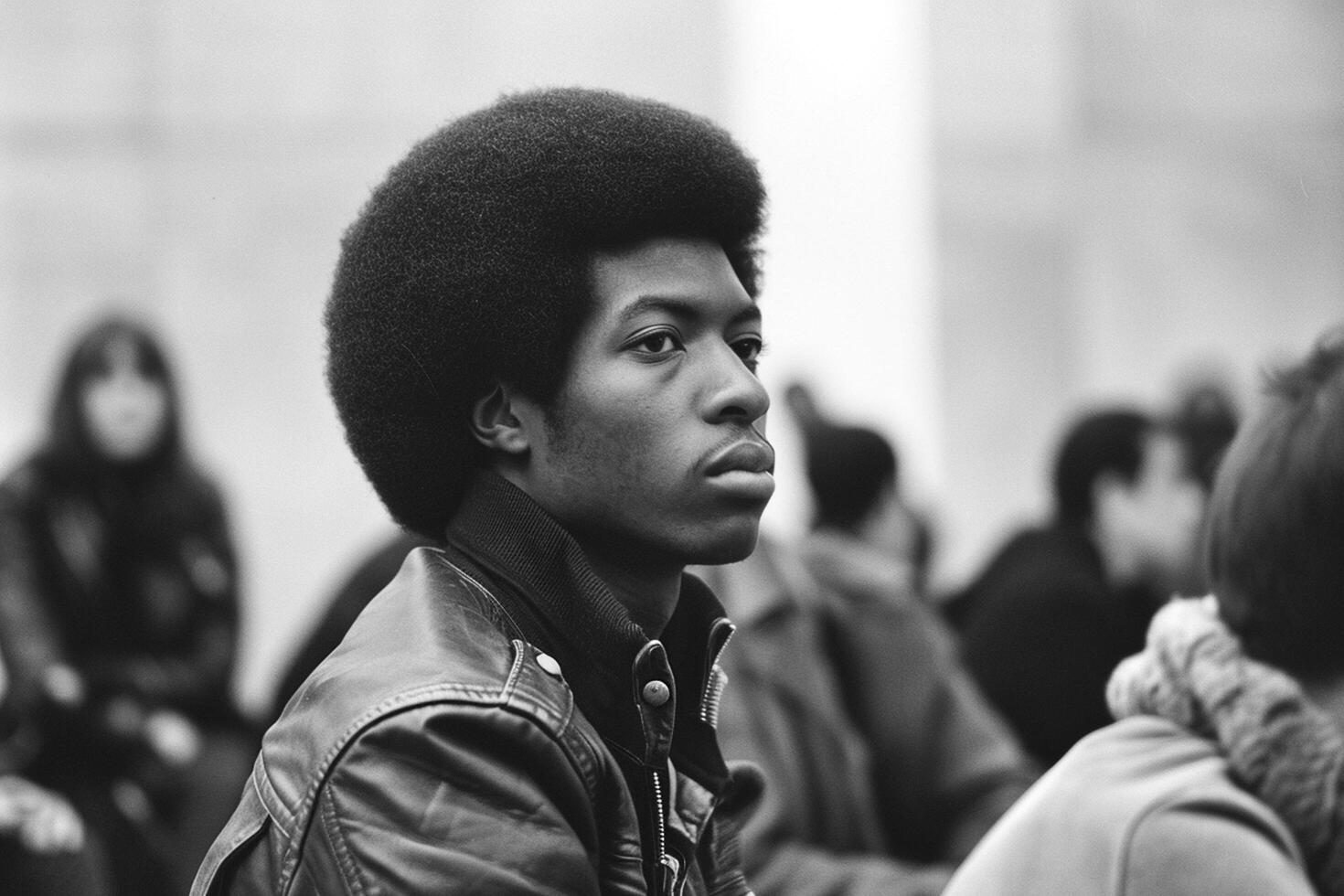 AI generated A black and white photograph of a young man with an afro hairstyle, gazing to the side photo