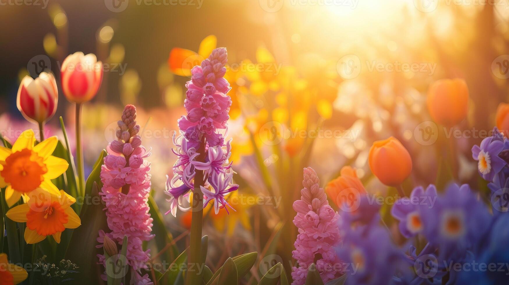 AI generated Spring flowers in sunny day in nature, Hyacinths, Crocuses, Daffodils, tulips, Colorful natural spring background, photo