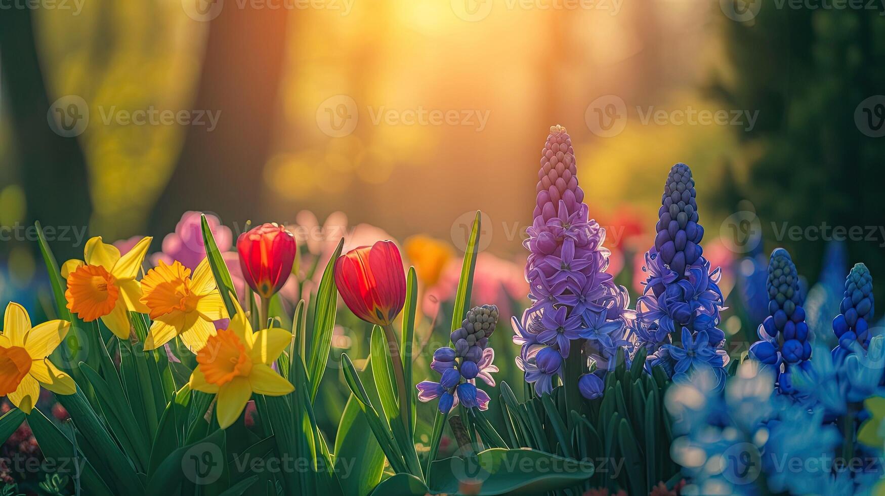 AI generated Spring flowers in sunny day in nature, Hyacinths, Crocuses, Daffodils, tulips, Colorful natural spring background, AI generated photo